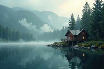 Fototapeta premium Serene Lakeside Cabin Retreat Nestled Amongst Misty Mountain Pines and Reflective Waters