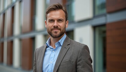 Portrait of smiling British man in business suit. Successful businessman looks professional. Young male executive manager in corporate attire. Positive employee, confident entrepreneur posing