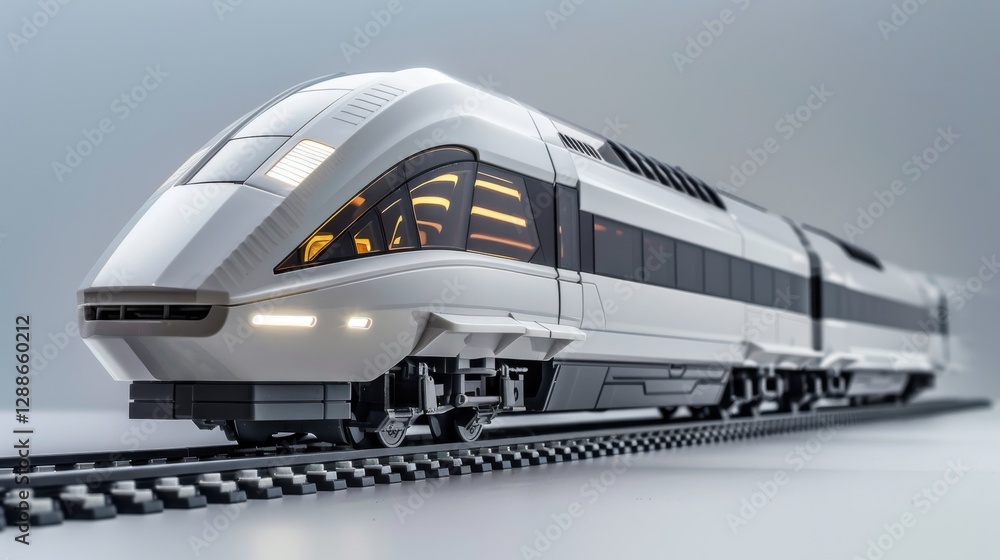 Poster modern sleek train model on tracks with elegant design and advanced technology features