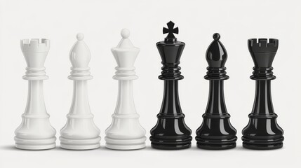 Chess pieces on a white background featuring black and white king, queen, and bishop set