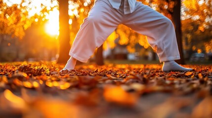 Martial artist practicing in autumn leaves at sunset.