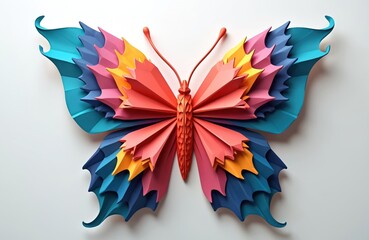 Fototapeta premium Illustration of beautiful origami butterfly. Colorful paper craft insect with wings, spring symbol, nature decoration for card design, graphic art. Creative three-dimensional object element on white