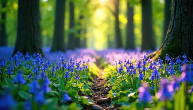 A carpet of bluebells covering the forest floor in soft hues, forest, bluebells