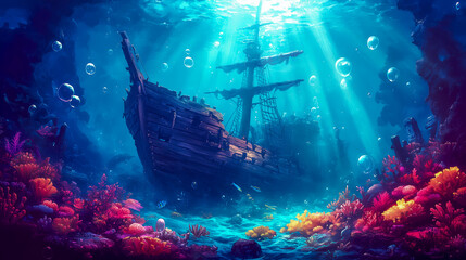 Sunken wooden pirate ship resting on the ocean floor surrounded by colorful coral reefs, fish, and bubbles illuminated by sunlight filtering through the water