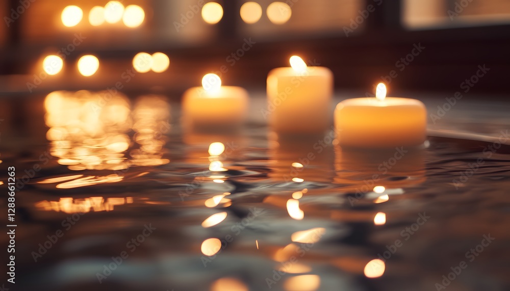 Poster tranquil scene with candles floating on water surface at dusk