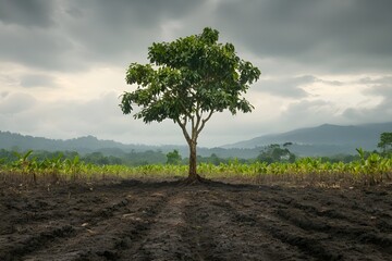 Obraz premium Between destruction and hope, a tree that splits the world in two, one surrounded by polluting plants and the other by unspoiled open fields