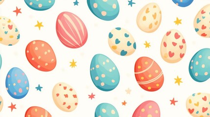 Colorful pattern of easter eggs with various designs on light background