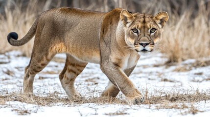 Obraz premium Lioness walking snowy savanna, winter wildlife, nature documentary
