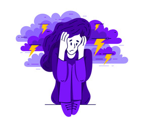Young woman feeling stressed and uncomfortable, vector illustration of a person having mental disorder panic and anxiety, psychological problems.
