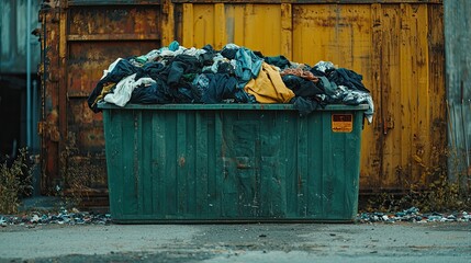 Overflowing green recycling bin full of used clothing promoting textile reuse and responsible consumption