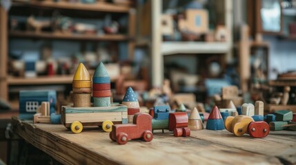 Fototapeta premium Colorful Wooden Toys on a Table in a Playful Environment