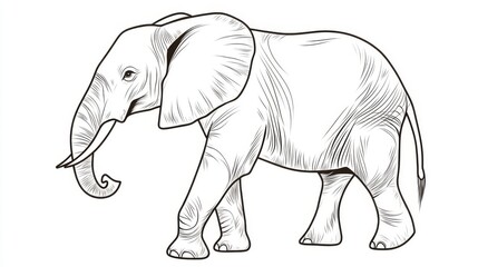 Obraz premium Black and white sketch of a young elephant walking with detailed line art