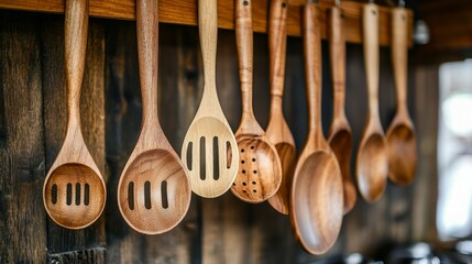 Collection of Wooden Cooking Utensils Hanging in Rustic Kitchen