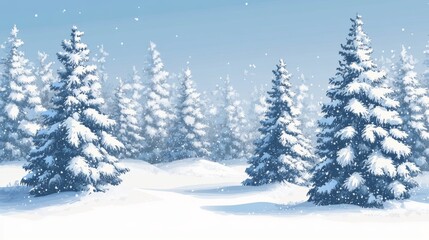 Fototapeta premium Snow-covered pine trees in a wintery forest landscape with falling snowflakes