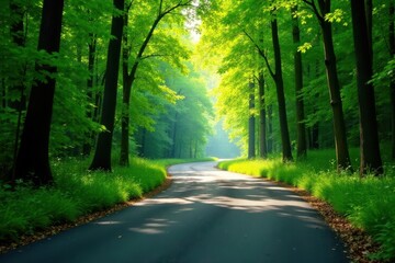 Obraz premium Serene Winding Road Through Lush Green Canopy of Trees on Sunny Day