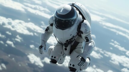Fototapeta premium Futuristic astronaut in advanced space suit gliding through clouds in a high-tech environment with Earth visible in the background