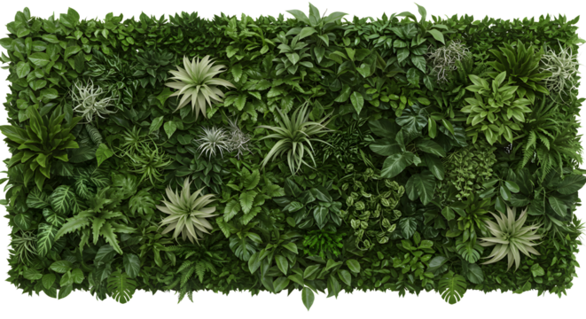 Dense green vertical garden wall with various leafy plants. Isolated on a transparent background.