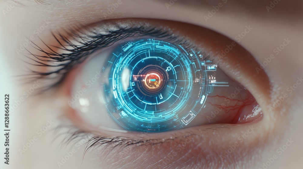 Aufkleber close up of a human eye with a futuristic digital display, showing data processing, exploring themes
