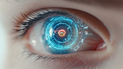 Close up of a human eye with a futuristic digital display, showing data processing, exploring themes of vision, technology, and the future of human augmentation