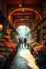 Obraz premium Sunlit Market Arcade Vibrant Produce, Warm Atmosphere, and Casual Strollers
