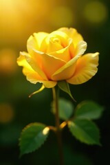 Delicate yellow rose petals unfolding in warm sunlight, yellow rose, orton effect