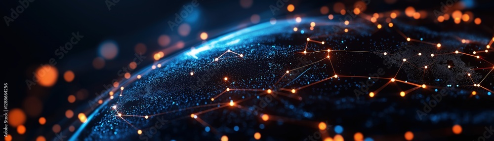 Poster Glowing Digital Network Map with Nodes Representing Global Connections and Data Flow