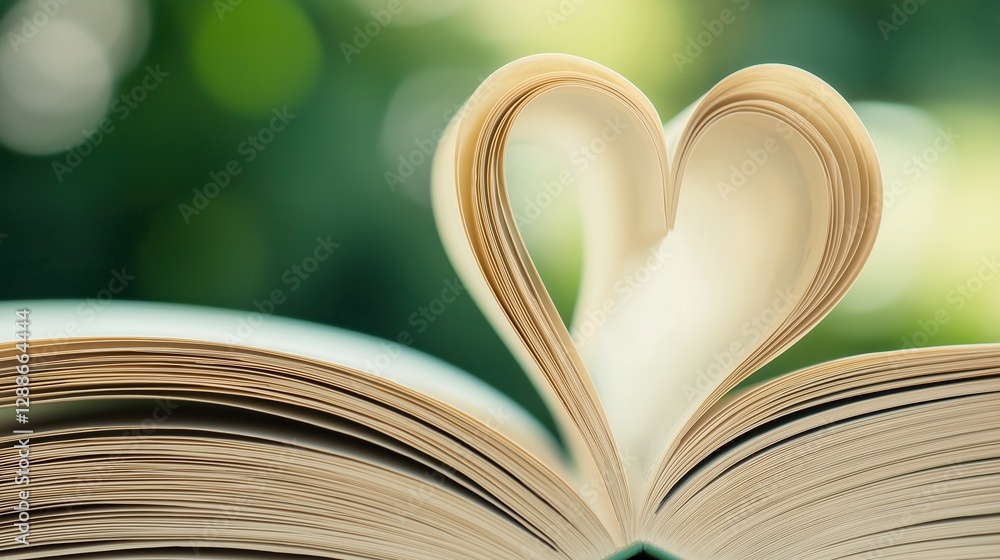 Aufkleber heart-shaped pages of open book with soft focus background for romantic themes