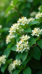 Dense clusters of small white flowers on a deciduous shrub,, Shrubs