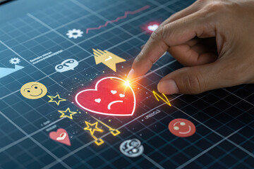 Digital health interface, glowing red heart icon, hand holding stylus, futuristic medical dashboard, holographic medical symbols, blue grid background, health technology concept, data visualization, i