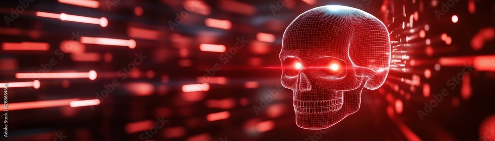 Poster digital cyber attack simulation with glowing skull in futuristic environment