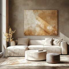 Minimalist Serenity Beige Sofa Interior Decor with Artwork and Neutral Furnishings Style Living Room