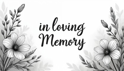 Condolence card illustration with flower in loving memory. Floral design for funeral, grief, sympathy, mourning theme. Blossom loss invitation, obituary vintage template. Sorrowful black decorative