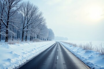 Obraz premium Serene Winter Roadway, Snow-Covered Landscape, and Bare Trees Lining a Scenic Asphalt Path