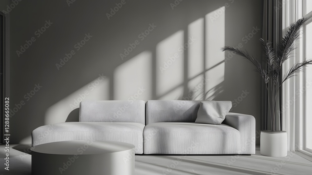 Poster a monochromatic color scheme showcased in a minimal interior design featuring a white couch by a win