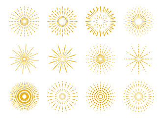 Firework icon set. Various fireworks isolated on white background. Festive decoration for birthday, new year, festival, wedding.