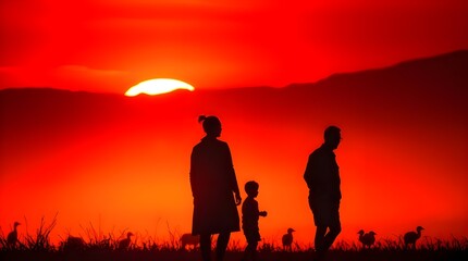 Obraz premium Silhouetted figures against a warm sunrise. Reds, oranges, and yellows dominate the scene, the light source behind the subject emphasizes the bustling wildlife and birdsong in the valley 