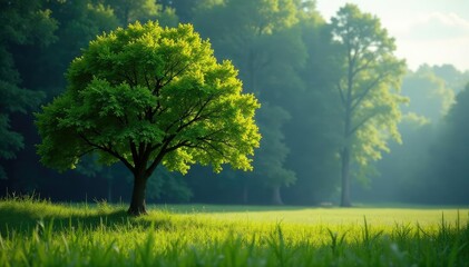 Fototapeta premium Dense foliage of a single tree in a forest clearing, nature, scenery, isolated tree