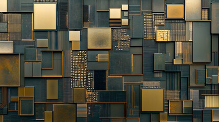 of a grid pattern created from layers of stacked microchips, with small reflective metallic surfaces and etched details 