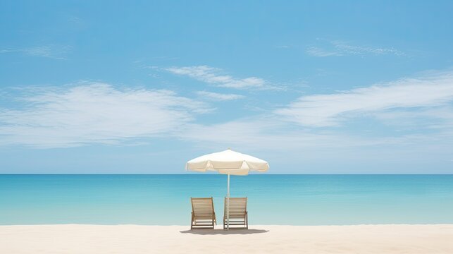 Minimalist photo of a pure and flawless sea and a sandy beach with a blue sky and two deck chairs with a white umbrella. Image for travel and relaxation.