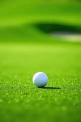 Fototapeta premium A lone golf ball rests on a vibrant green putting surface, ready for the next putt, symbolizing precision and the game's challenge.