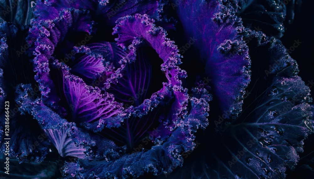 Poster close-up of a purple cabbage with vivid neon-like hues and intricate texture patterns, suitable for 