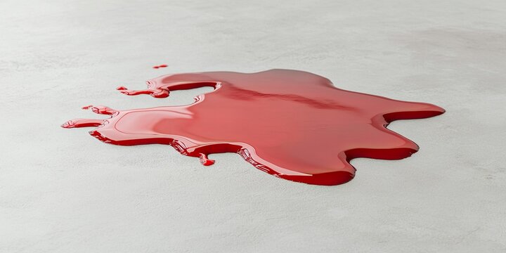 Puddle of red liquid on light grey surface, with copy space