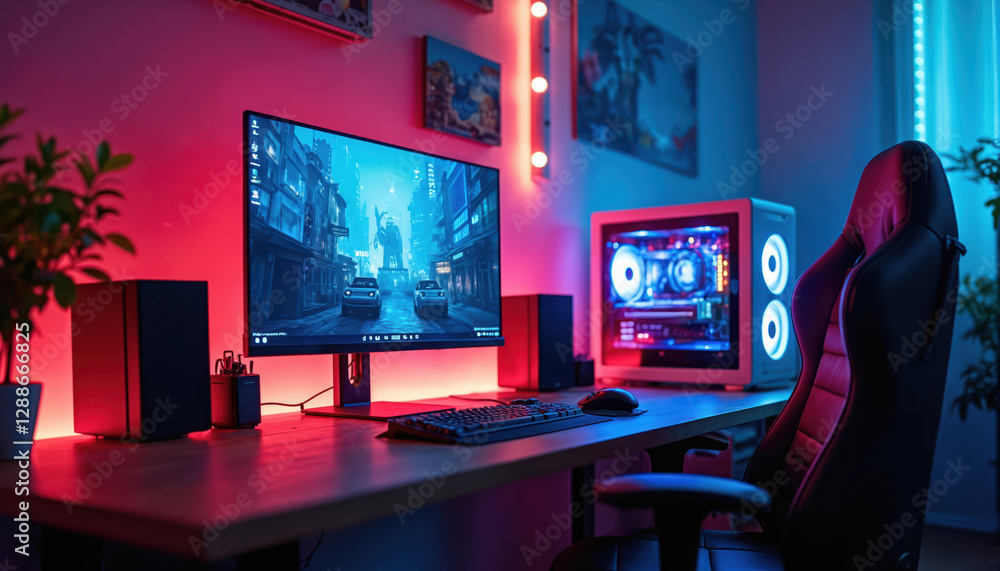 Poster gaming computer setup on desk in gamer room with neon lights. gaming pc monitor shows abstract inter