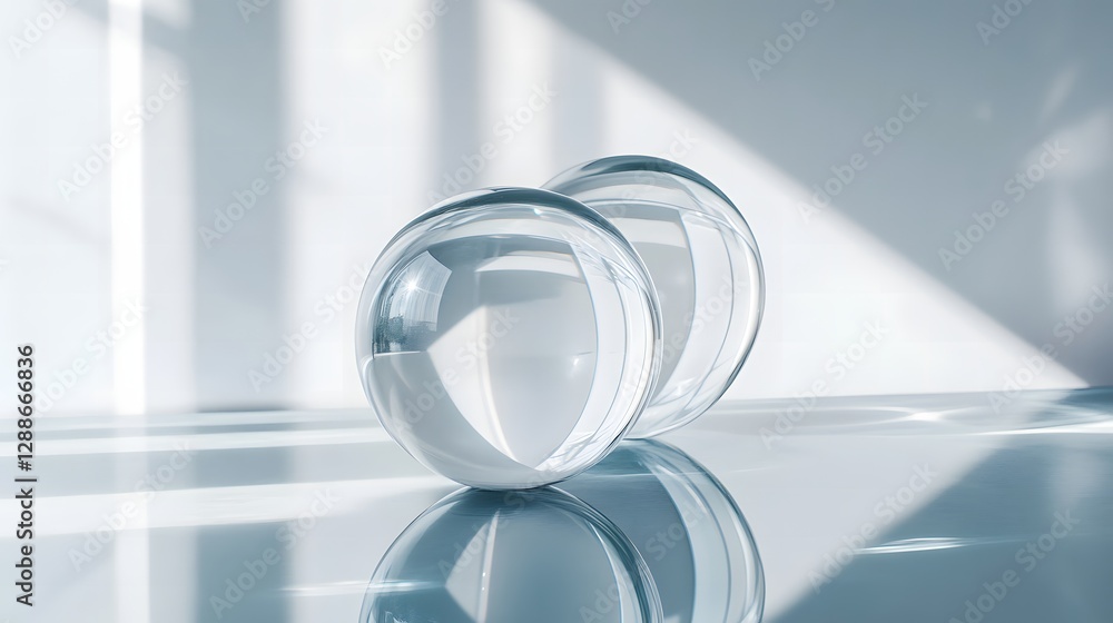 Poster reflective surfaces and glass decor in a minimalist setting with elegant design elements and soft li