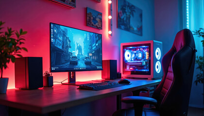 Gaming computer setup on desk in gamer room with neon lights. Gaming PC monitor shows abstract interface of pc game. Workstation on table with neon cooler. Esport concept. Online player room.