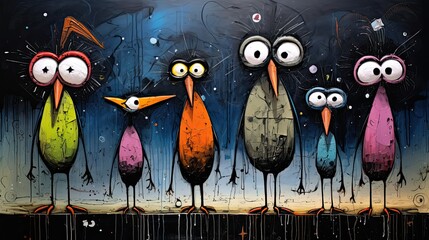 Painting of funny strange birds cartoon standing in front of a beach.