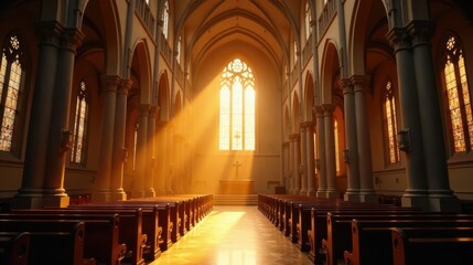 Fototapeta premium Golden sunlight streams through stained glass illuminating a sanctuary's serene pews and majestic columns