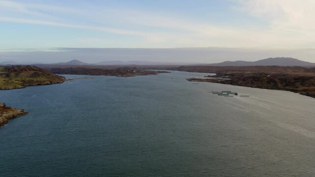 Vast aerial view of Clifden Bay on a clear evening, capturing Ireland&rsquo;s serene coastal beauty, Connemara
