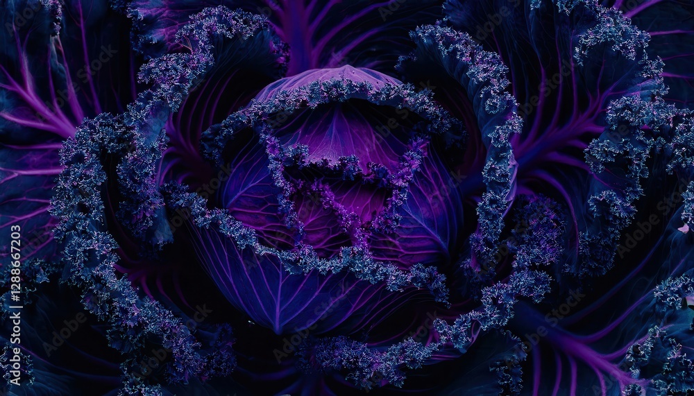 Poster close-up of a purple cabbage with vivid neon-like hues and intricate texture patterns, suitable for graphic design or food related