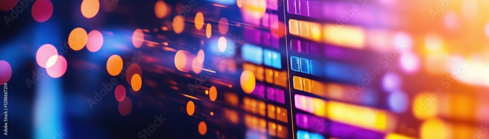 Poster digital calendar interface on glowing screen with colorful data representation